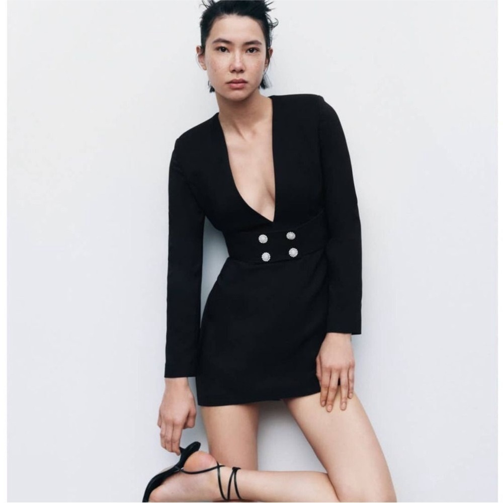 Zara Pearl Appliqué Belted Blazer Dress Black Mini Size S